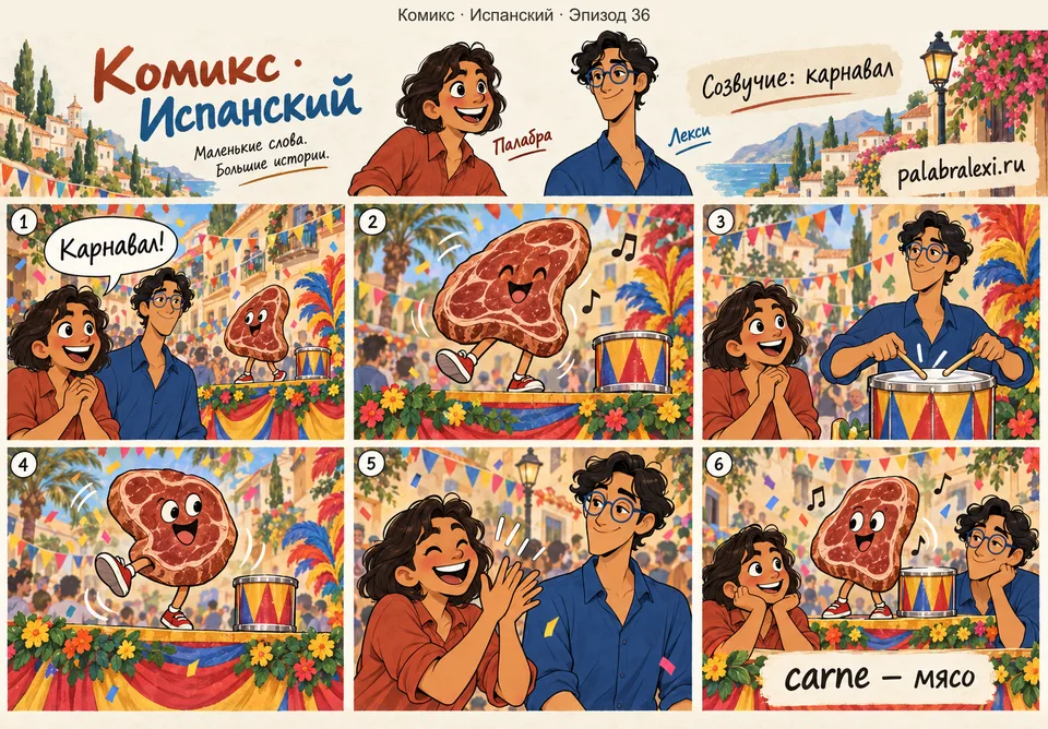 Испанский, эпизод 36: carne — мясо. На карнавале танцует гигантский стейк: мясо трясётся в ритме барабанов.