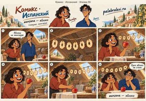 Испанский, эпизод 55: manzana — яблоко. На мансарде сушатся яблоки: гирлянды долек висят от стены до стены.