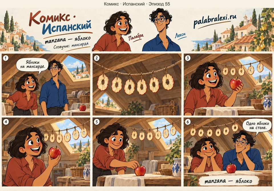 Испанский, эпизод 55: manzana — яблоко. На мансарде сушатся яблоки: гирлянды долек висят от стены до стены.