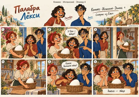 Испанский, эпизод 4: huevo — яйцо. У Евы в корзинке лежит огромное белое яйцо, и она осторожно несёт его на кухню.
