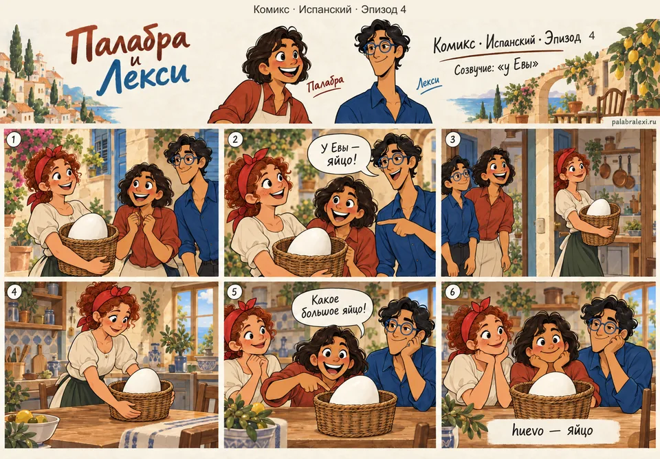 Испанский, эпизод 4: huevo — яйцо. У Евы в корзинке лежит огромное белое яйцо, и она осторожно несёт его на кухню.