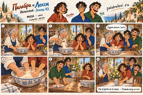 Комикс · Испанский · Эпизод 43: mesa — стол. Бабушка ставит миску на большой деревянный стол и начинает месить тесто для пирогов.