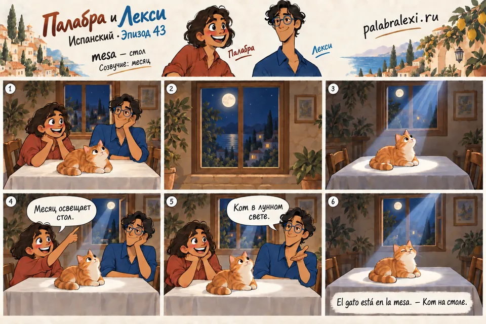 Испанский, эпизод 43: mesa — стол. Лунный свет освещает стол, на котором сидит кот. Палабра и Лекси наблюдают за ним.