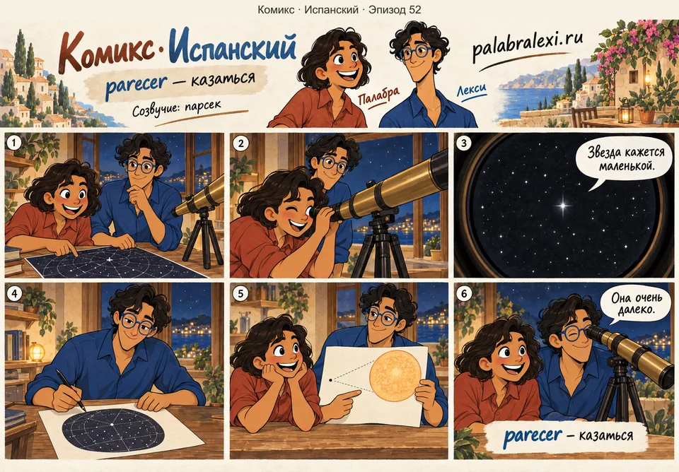 Испанский, эпизод 52: parecer — казаться. Звезда за один парсек кажется крошечной точкой, хотя на самом деле она огромна.