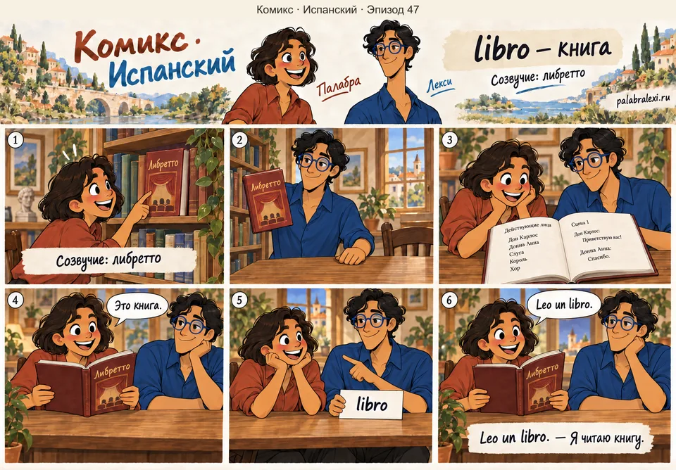 Испанский, эпизод 47: libro — книга. Палабра и Лекси выбирают в библиотеке книгу с названием «Либретто». Палабра открывает её и читает.