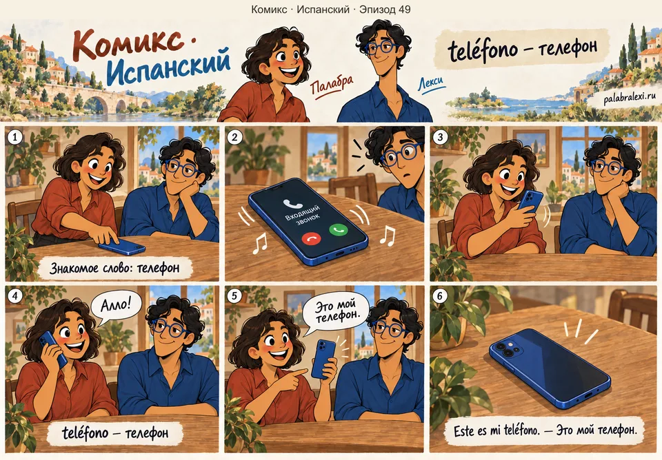 Испанский, эпизод 49: teléfono — телефон. Телефон Палабры звонит на столе. Она отвечает, завершает разговор и показывает свой телефон Лекси.