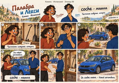 Испанский, эпизод 59: coche — машина. Палабра и Лекси рассматривают кочергу в витрине, а затем смотрят через окно на новый синий автомобиль.