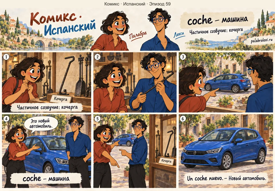 Испанский, эпизод 59: coche — машина. Палабра и Лекси рассматривают кочергу в витрине, а затем смотрят через окно на новый синий автомобиль.