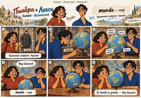 Испанский, эпизод 61: mundo — мир. Друзья замечают мундир в витрине, затем подходят к глобусу и рассматривают мир, изображённый на нём.