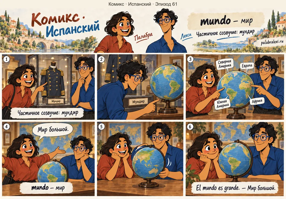 Испанский, эпизод 61: mundo — мир. Друзья замечают мундир в витрине, затем подходят к глобусу и рассматривают мир, изображённый на нём.