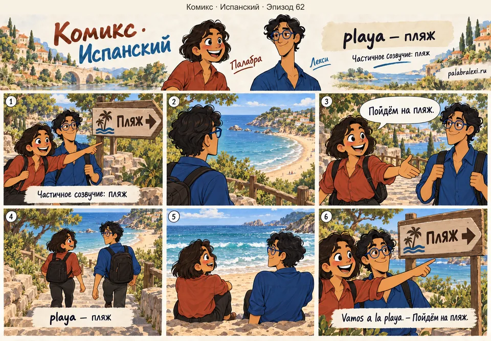Испанский, эпизод 62: playa — пляж. Палабра и Лекси смотрят с террасы на пляж, выбирают дорожку к берегу и выходят на песок.