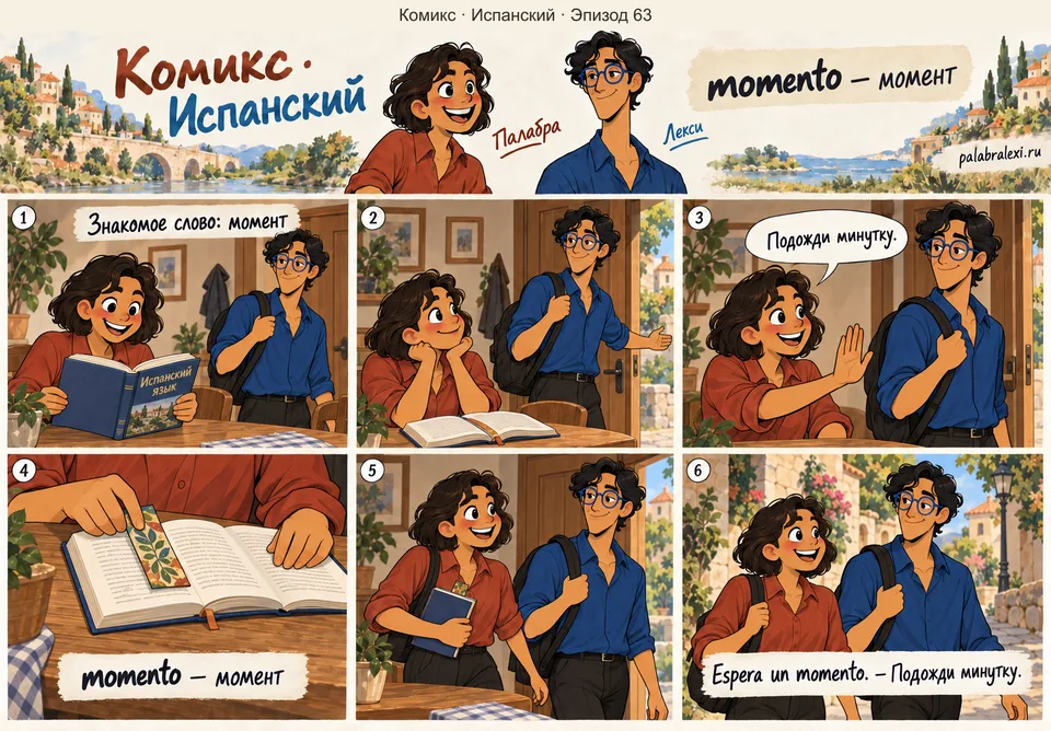 Испанский, эпизод 63: momento — момент. Палабра завершает чтение страницы и просит Лекси немного подождать. Положив закладку, она встаёт вместе с ним.