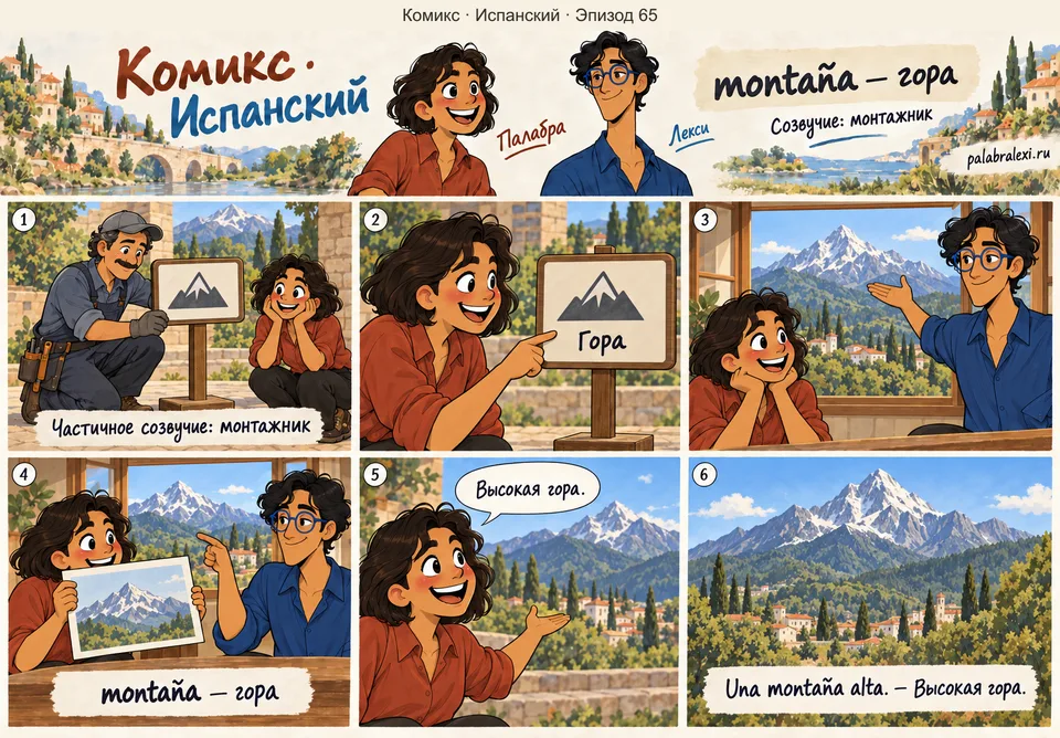 Испанский, эпизод 65: montaña — гора. Друзья наблюдают, как монтажник крепит туристический указатель. Затем они смотрят на высокую гору за окном.