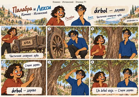 Испанский, эпизод 71: árbol — дерево. Палабра и Лекси рассматривают арбу в саду, затем подходят к растущему рядом старому дереву.