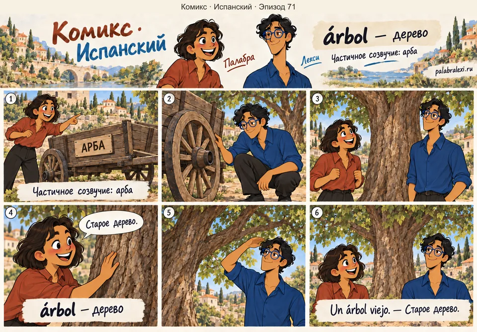 Испанский, эпизод 71: árbol — дерево. Палабра и Лекси рассматривают арбу в саду, затем подходят к растущему рядом старому дереву.