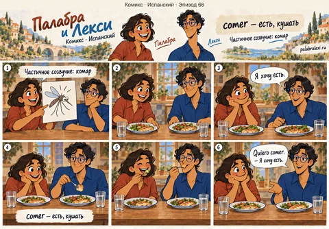 Испанский, эпизод 66: comer — есть (кушать). Рядом с учебным плакатом комара Палабра и Лекси накрывают стол. Лекси садится и начинает есть обед.