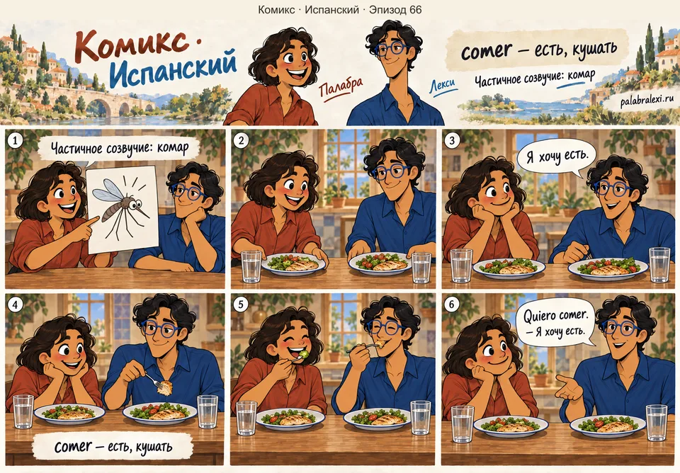Испанский, эпизод 66: comer — есть (кушать). Рядом с учебным плакатом комара Палабра и Лекси накрывают стол. Лекси садится и начинает есть обед.