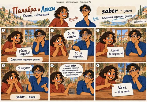 Испанский, эпизод 72: saber — знать. Друзья читают две учебные карточки. Лекси знает ответ на первую, но просит объяснить вторую.
