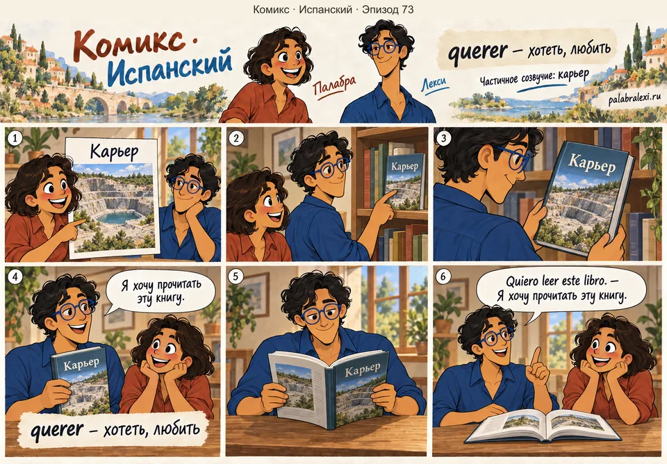 Испанский, эпизод 73: querer — хотеть, любить. Друзья рассматривают музейный плакат с карьером. Лекси берёт путеводитель и выражает желание прочитать его.