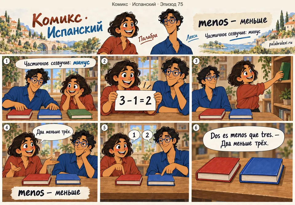 Испанский, эпизод 75: menos — меньше. На столе лежат три книги. Палабра переносит одну на полку, и друзья сравнивают оставшиеся две с прежними тремя.