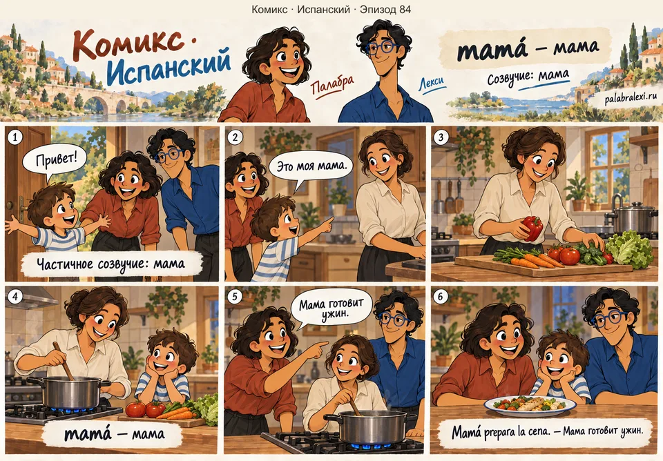 Испанский, эпизод 84: mamá — мама. Палабра и Лекси приходят в гости. Ребёнок знакомит их со своей мамой, которая готовит ужин у кухонного стола.