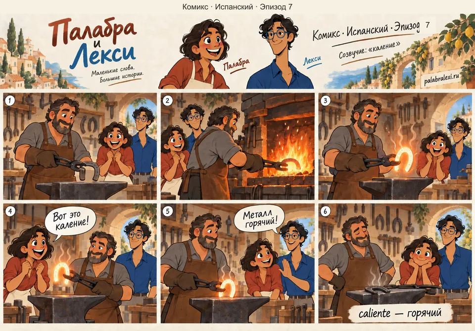 Испанский, эпизод 7: caliente — горячий. Кузнец держит в клещах подкову, раскалённую до белого каления, и от горячего металла поднимается пар.