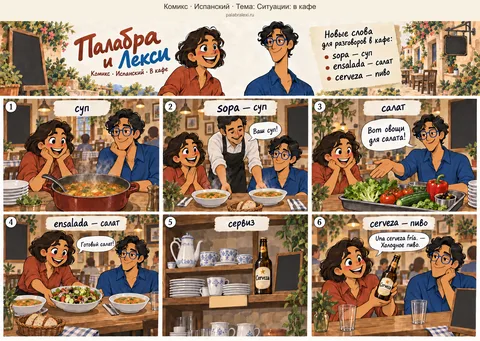 Тематическая подборка слов: sopa — суп; ensalada — салат; cerveza — пиво. В кафе друзья рассматривают кастрюлю супа, а затем официант ставит две миски на стол. Лекси показывает овощи для салата, и Палабра подаёт готовый салат. На полке рядом с сервизом стоит бутылка пива; Палабра показывает её Лекси.