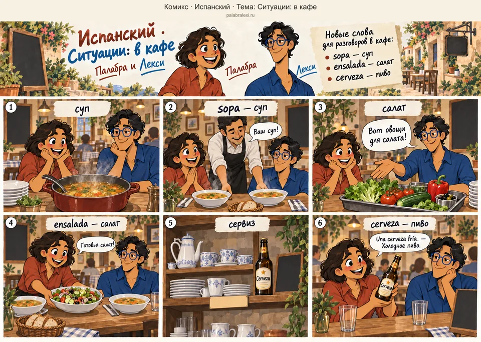 Тематическая подборка слов: sopa — суп; ensalada — салат; cerveza — пиво. В кафе друзья рассматривают кастрюлю супа, а затем официант ставит две миски на стол. Лекси показывает овощи для салата, и Палабра подаёт готовый салат. На полке рядом с сервизом стоит бутылка пива; Палабра показывает её Лекси.