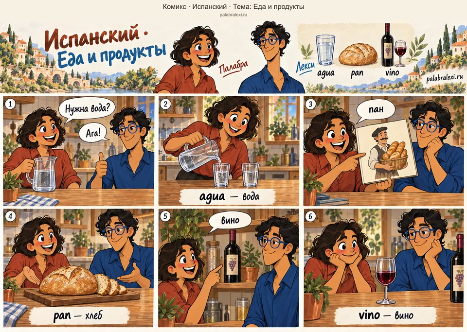 Тематическая подборка слов: agua — вода; pan — хлеб; vino — вино. Палабра спрашивает, нужна ли вода, и Лекси отвечает «Ага». Палабра наливает воду в два стакана. На открытке изображён пан с корзиной хлеба; друзья показывают свежий хлеб на столе. Затем они рассматривают бутылку вина и бокал на полке.