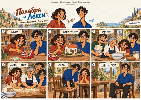 Тематическая подборка слов: casa — дом; mesa — стол; silla — стул. В домашней мастерской стоит игрушечная касса для настольной игры. Друзья показывают макет дома, а касса остаётся на столе. Бабушка ставит миску на большой деревянный стол и начинает месить тесто для пирогов. Лекси проверяет устойчивость стула, нажимая на него рукой с небольшой силой, и садится на стул.