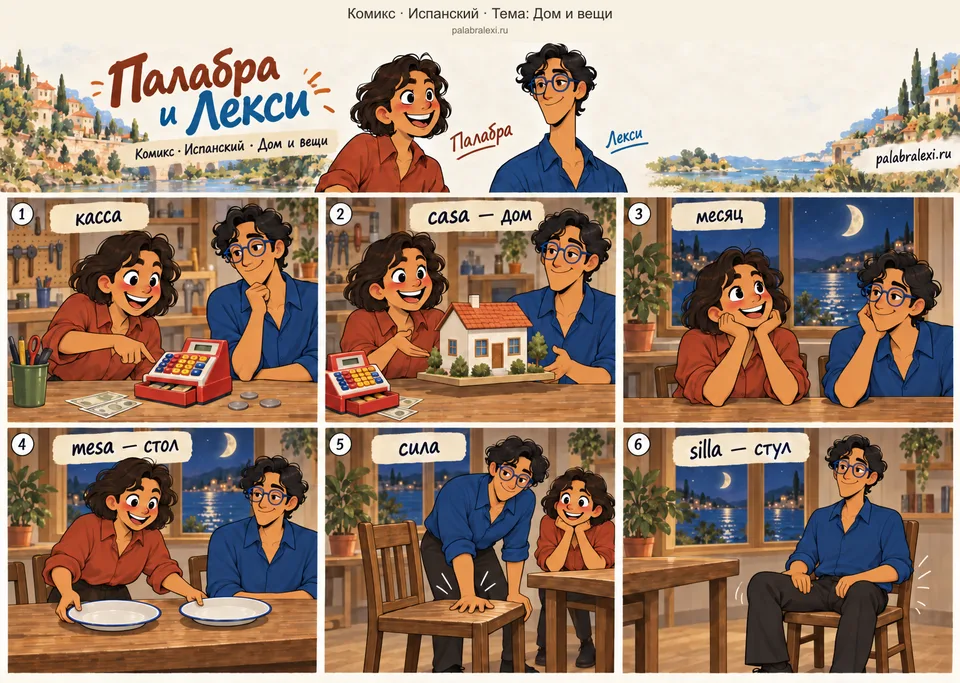 Тематическая подборка слов: casa — дом; mesa — стол; silla — стул. В домашней мастерской друзья показывают игрушечную кассу и макет дома. За окном над морем виден месяц. Палабра ставит две тарелки на деревянный стол, а Лекси проверяет устойчивость стула и садится на него.