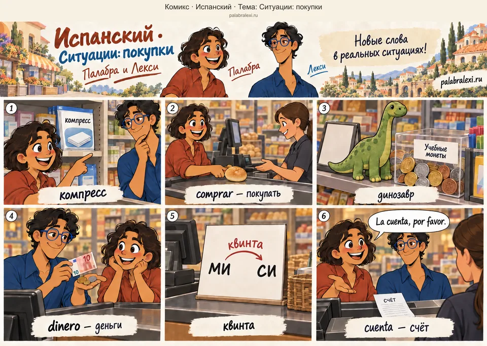 Тематическая подборка слов: comprar — покупать; dinero — деньги; cuenta — счёт. В магазине друзья видят упаковку компресса и покупают булочку. Возле кассы стоит игрушечный динозавр рядом с учебными монетами. На открытке показана квинта от ми до си. Палабра просит счёт за покупку.
