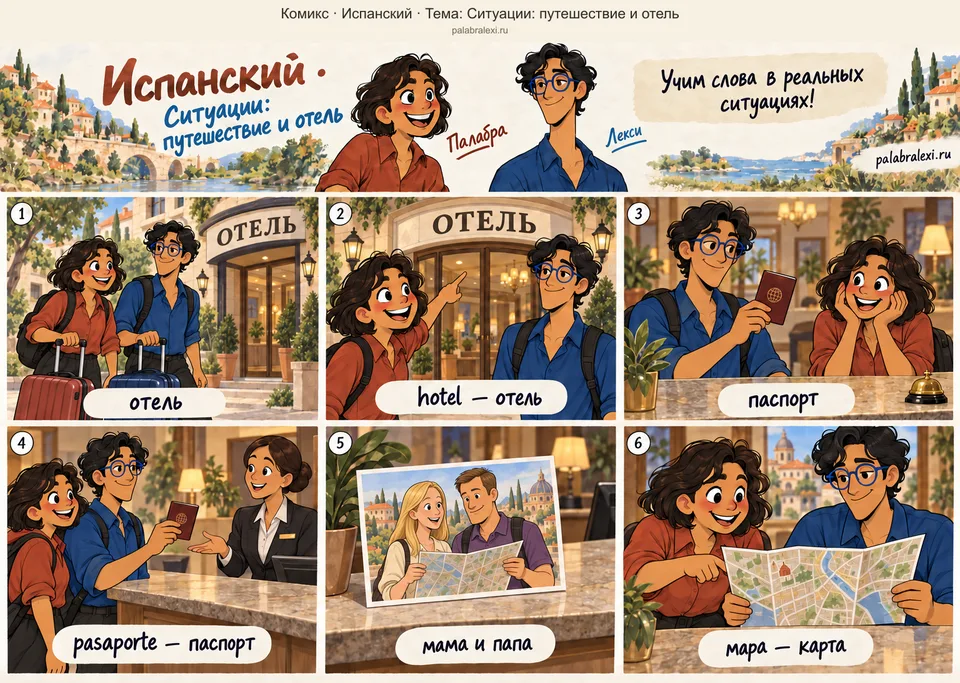 Тематическая подборка слов: hotel — отель; pasaporte — паспорт; mapa — карта. Палабра и Лекси подходят к отелю с двумя чемоданами. В холле Лекси показывает паспорт на стойке. На открытке отдельные мама и папа изучают карту; затем Палабра и Лекси рассматривают свою карту города.